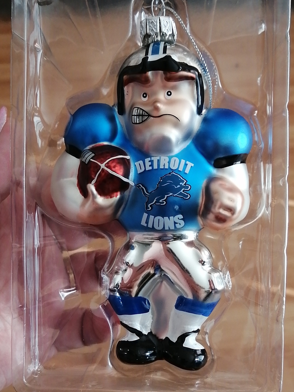 Detroit Lions NFL Hand Blown Style Glass Football Player Ornament. New In Box